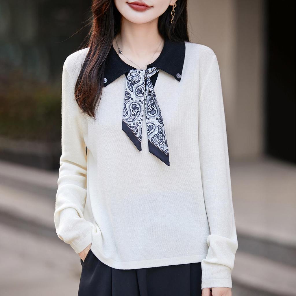 Herbst Seidenschal Wollstrickjacke: Eckiger Ausschnitt, Polokragen, Puffärmel, Strickpullover für einen jugendlichen Look