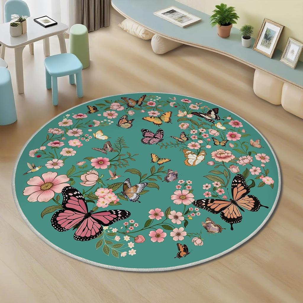 Circular Carpet Butterfly Print  Anti Slip Carpet  Home Decoration  Butterfly and Pink Flower Decoration  Circular Area Carpet
