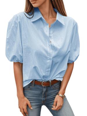 Womens Collared Puff Sleeve Blouse Button Down Dressy Casual Summer Top