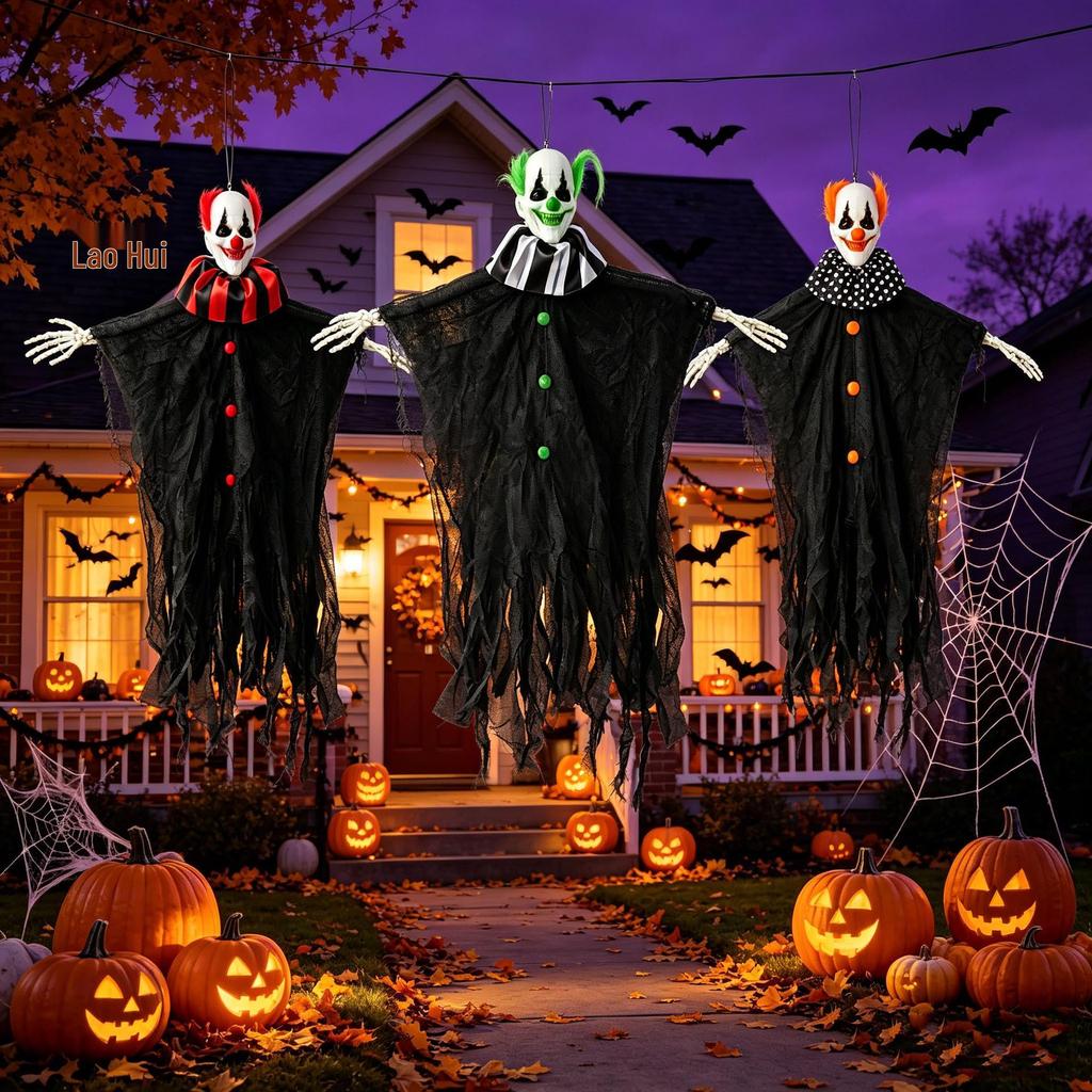 Halloween Clown Ghost Hanging Decoration with Green Hair - Perfect for Escape Rooms and Haunted Houses, Available in Multiple Colors