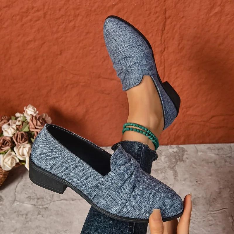 Fashion Women's Casual Low-heeled Shoes Retro Square-heeled Thick-soled Loafers Canvas Elegant Simple Women's Shoes Zapatillas