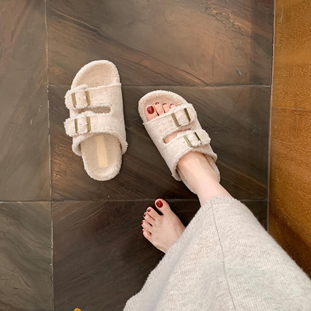 Soft Fur! Thick-bottomed Mao Mao Boken Slippers for Women's Outerwear 2025 Autumn and Winter New Versatile Double-buckle with Lazy Slippers