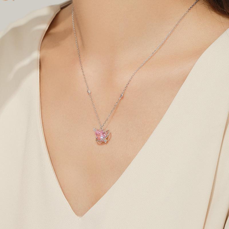 Ocean Heart LOVE Pink Zircon Necklace: 18K Gold-Clad 925 Silver