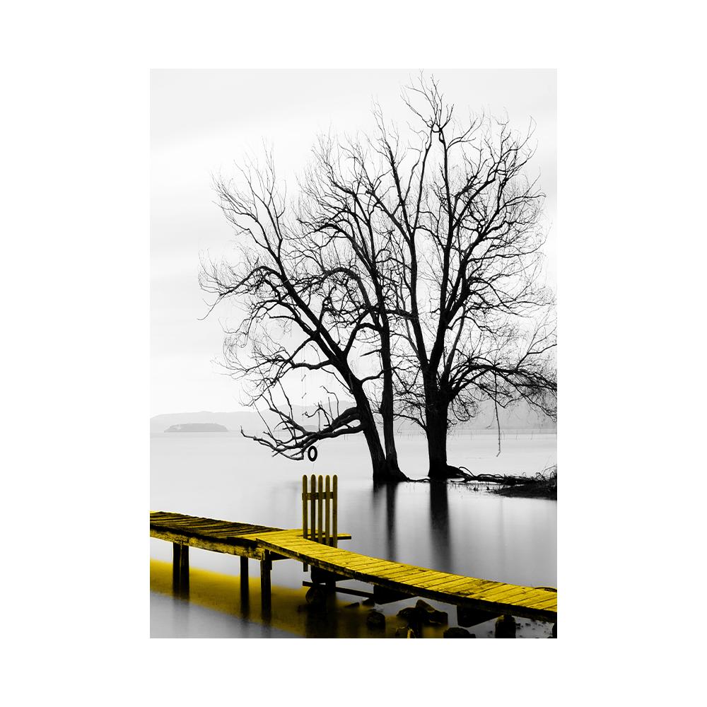 Yellow Boat On The Lake Landscape Canvas Prints Gold Wooden Bridge Mountain Abstract Wall Art Paintings For Home Decor