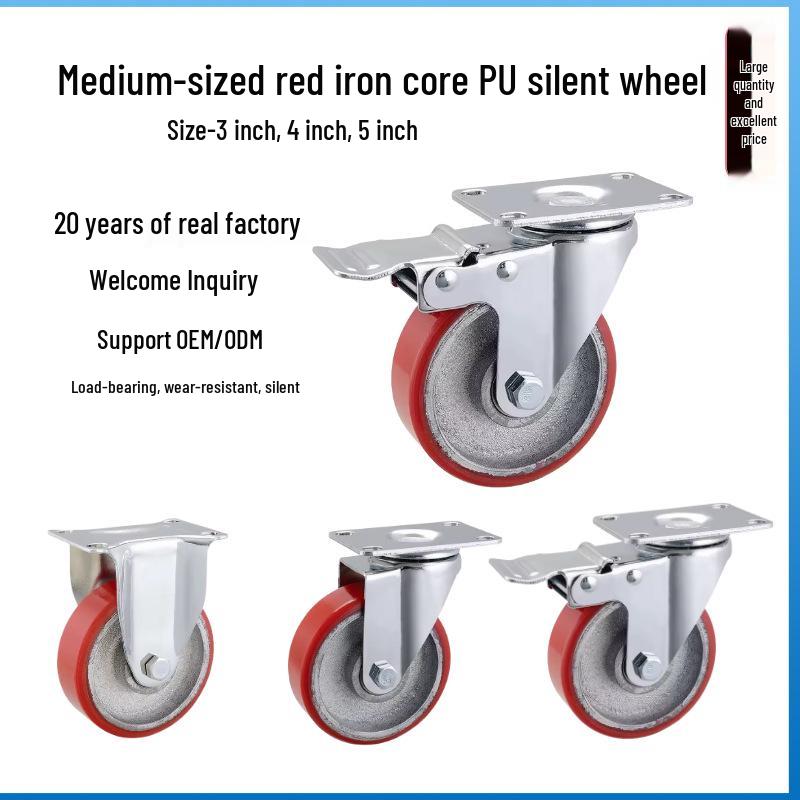 

Silent Medium-Duty Handcart with 3-4 Inch Swivel Casters, Red Iron Core & Wear-Resistant PU Wheels 3-inch Fixed Caster