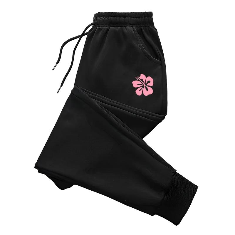 Woman Casual Sweatpants Cute Flower Print Jogger Pants Female Home Outdoor Comfort Breathable Pure Color Trousers