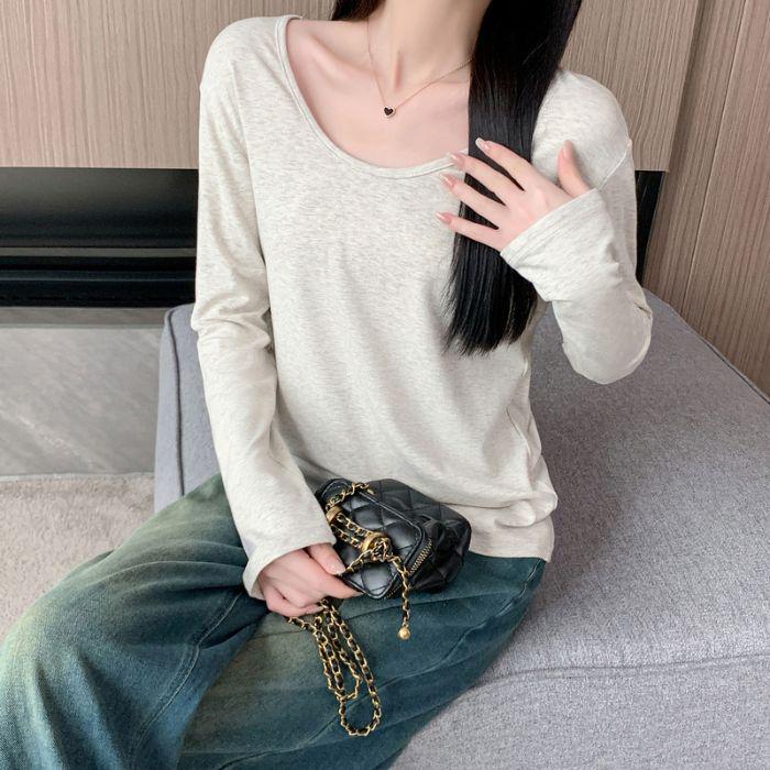 

Женский белый топ с V-образным вырезом, длинным рукавом и низким вырезом, весна/осень 2025 – Свободный, облегающий базовый слой. Small серый