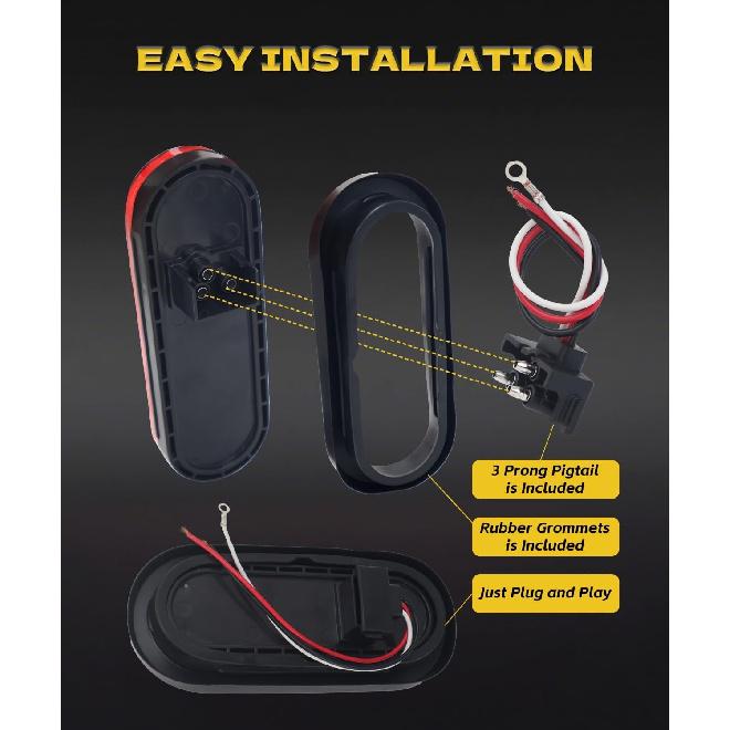 6" Red Oval 24 Led Trailer Tail Lights Waterproof Sealed 6 Inch Stop/Turn/Tail Light Boat Trailer Lights [DOT Certified], Include Grommets 3-Prong