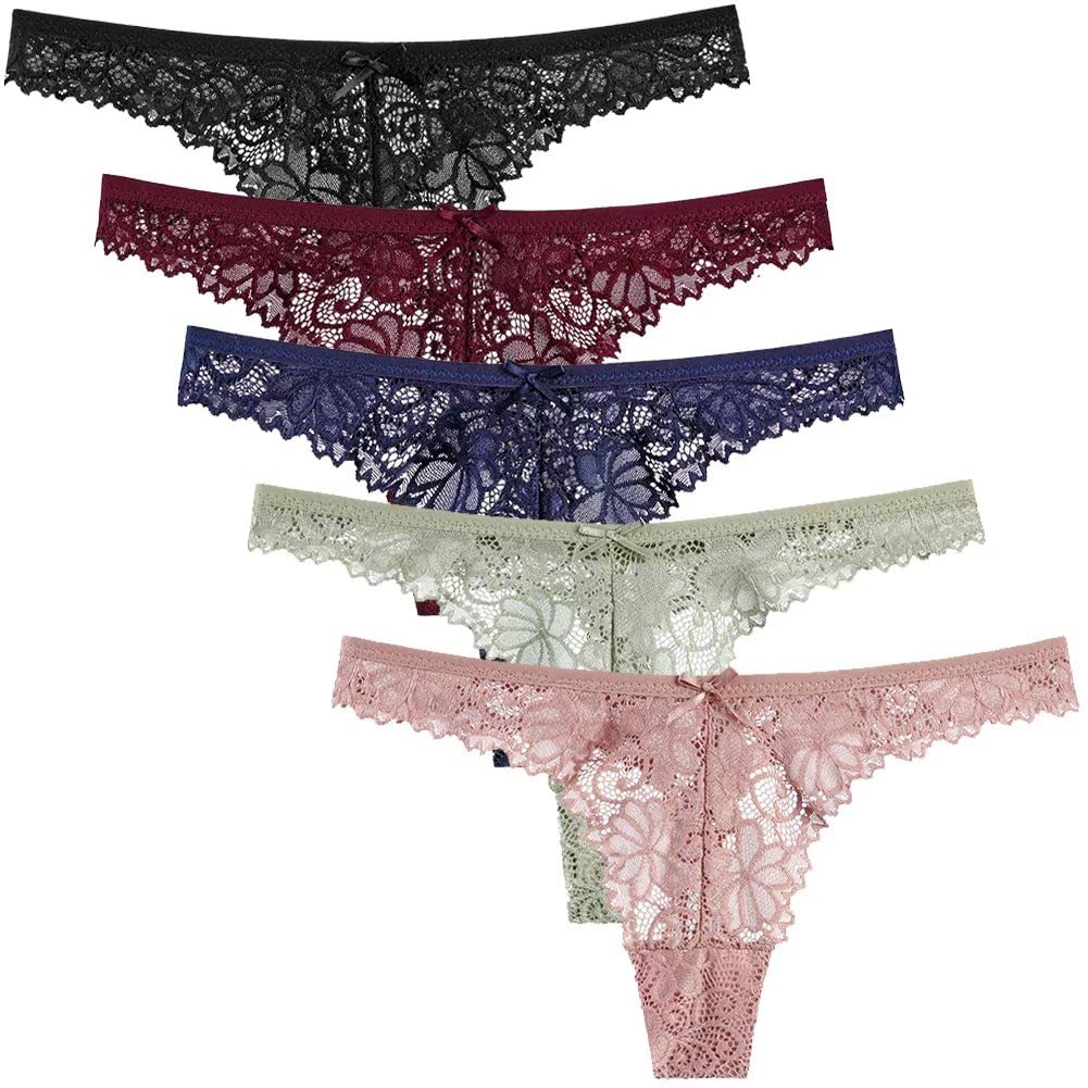 HINICE Lingerie Sexy Lingerie Lucky Sexy Bikini 5 Women's All-Lace T-Back Panties, Panties, Non-Pinch, Butt-Lengthening, Low-Waist Underwear, 5-Piece