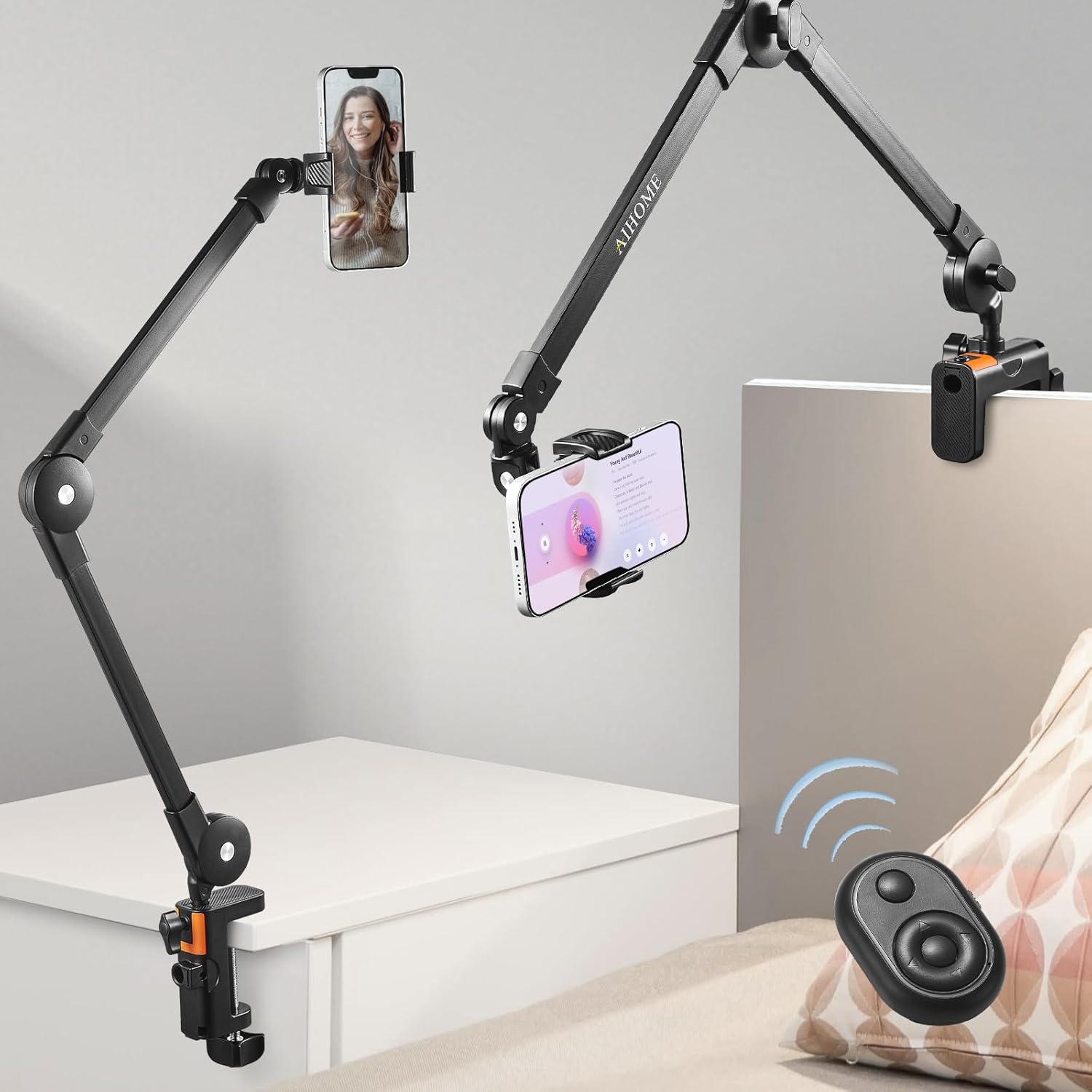 Phone Holder for Desk Bed, Overhead Phone Mount with Wireless Remote, Flexible Phone Stand Lazy Bracket Mount Long Arms Clamp Clip for iPhone, With Wireless Remote