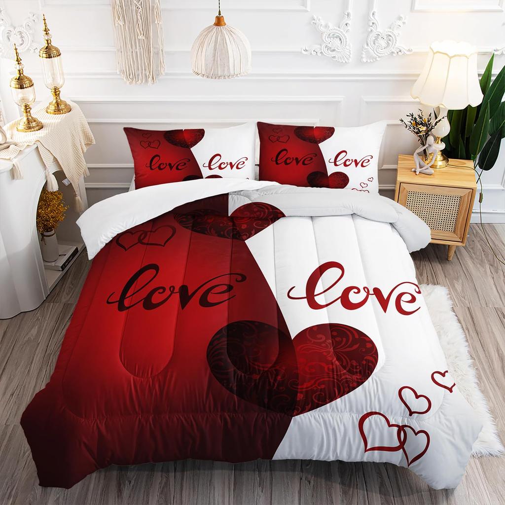 Love Pattern Duvet Cover 3D Printed Bedding Set, Couple Male Female Quilt Cover with Zipper Closure and Pillowcase for Adults