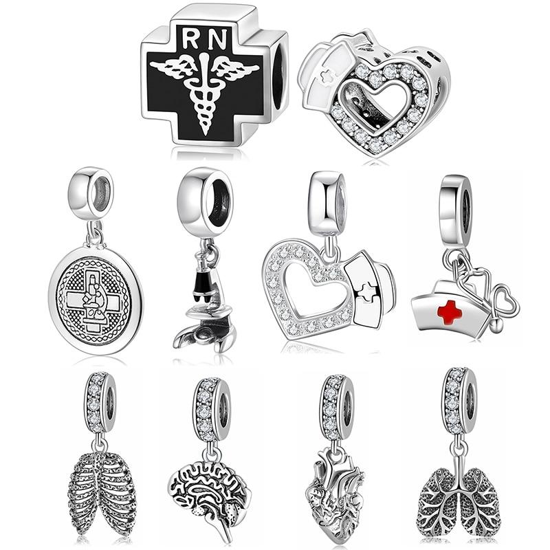 925 Sterling Silver Nurse Hat Heart Brain Lungs Ribs Pendants Beads Fit Charm Silver 925 Original Bracelet Fine Jewelry Making
