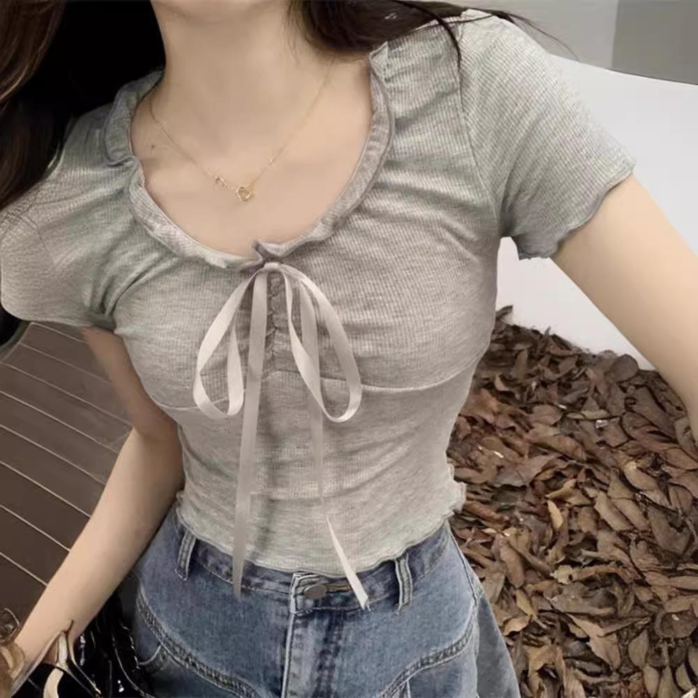 Women's V Neck Short Sleeve Crop Top Slim Fit Sweet Style Ruffle Drawstring T Shirt