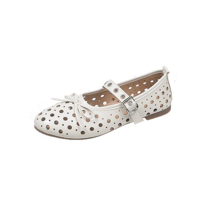 Women Shoes 2025 Spring New Metal Decoration Buckle Strap Soft Sole Mary Jane Shoes Breathable Non Slip Hollow Bow-knot Flats