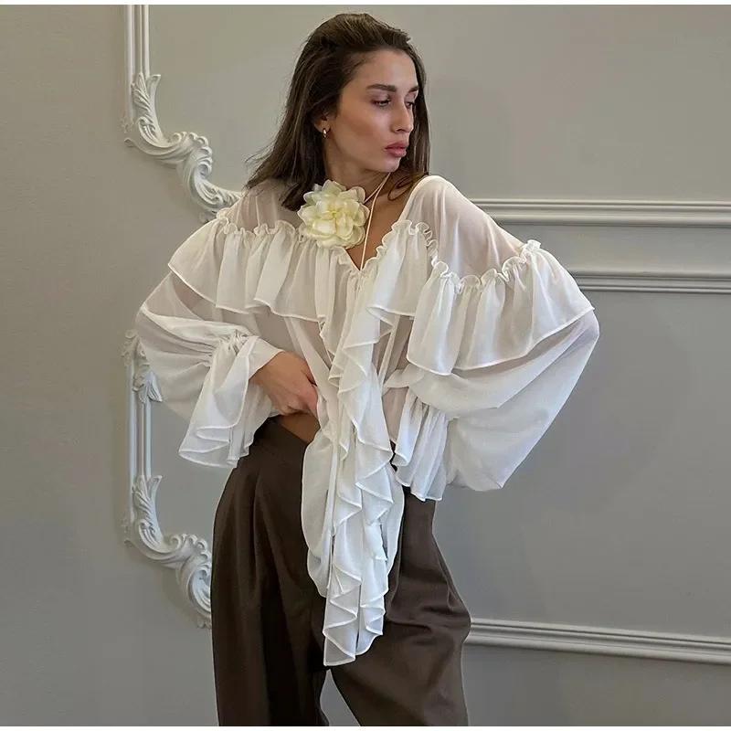 2026 New V-neck Chiffon Blouse Sexy Sheer Beach Cover-up Long Sleeve Sexy Hot Girl Top