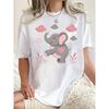 European Size Women'S Casual Elephant Heart Print T-Shirt, Polyester Crew Neck Tee, Short Sleeve Knit Fabric Top with Medium Stretch, Animal Pattern