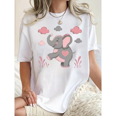 Europese maat Dames Casual T-shirt met Olifant Hart Print, Polyester Ronde Hals T-shirt, Top met Korte Mouwen van Gebreide Stof met Gemiddelde Stretch, Dierenpatroon