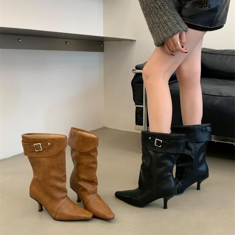 Jiang Zhenyu thin heel pointed pleated boots women's autumn new casual versatile high heel pile boots tide