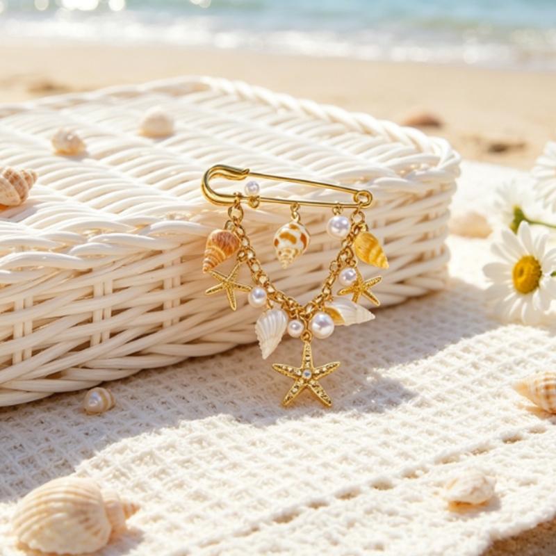 Lovely Beach Themed Alloy Brooch Featuring Shell And Starfish Decorative Chain Chest Flower For Casual Wear