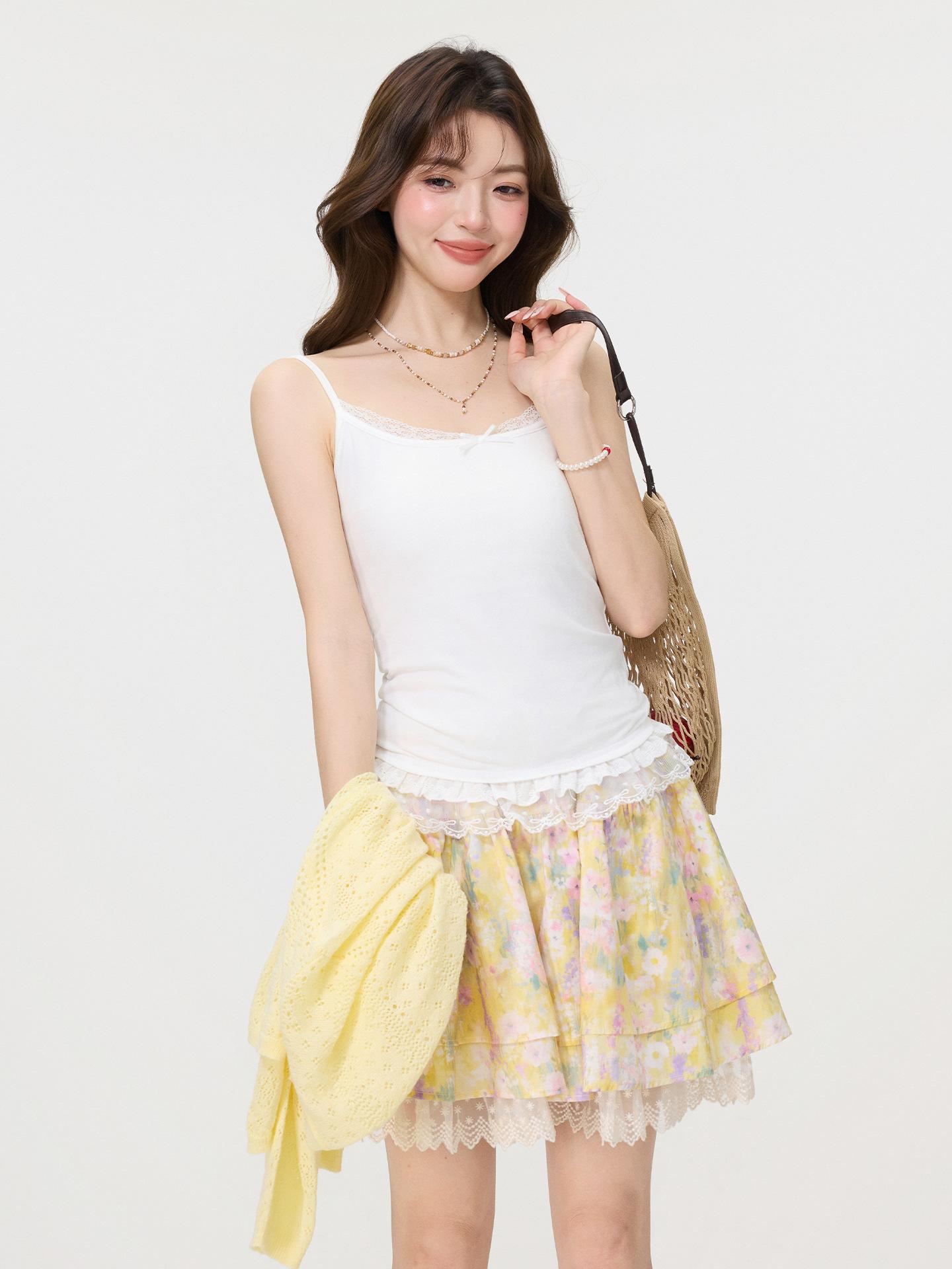 

White pure desire bow sling vest women s summer new lace hem slim sleeveless top S белый