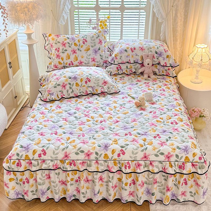 Countryside Style Cotton Bed Skirt Washed Cotton Quilted Bed Runner Full Package Mattress Protect Cover for Bedroom Decora  Dust-proof Bed Sheets