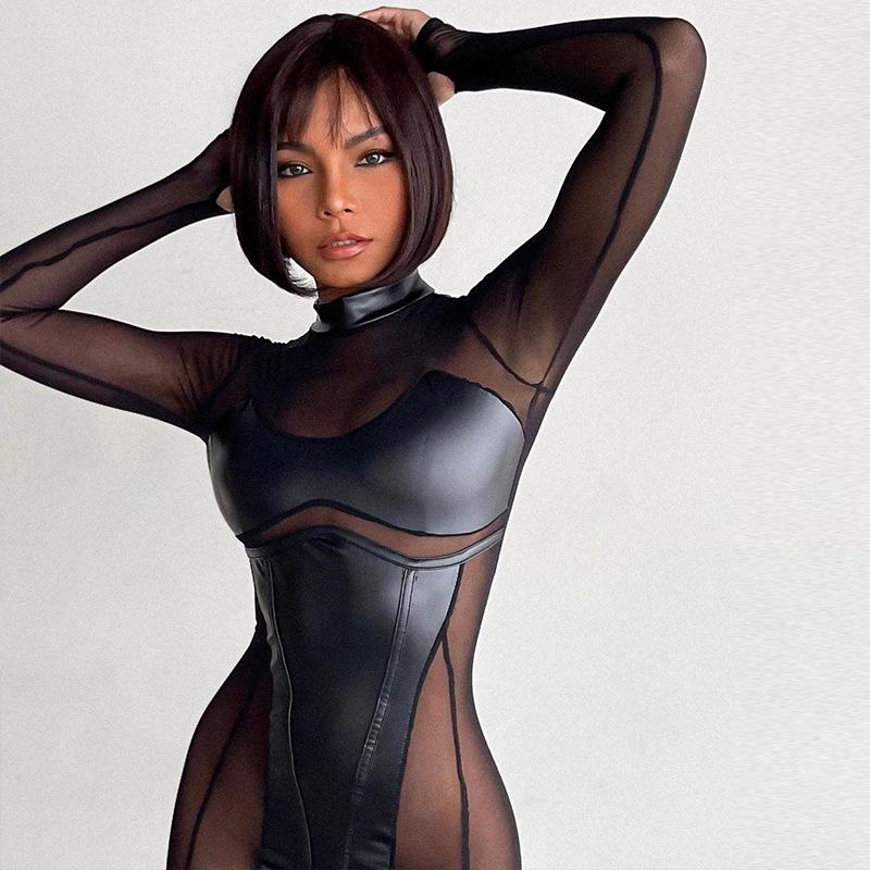 European & American Cosplay Nightclub Mesh Patchwork Sexy Black Jumpsuit with See-through Long Sleeves