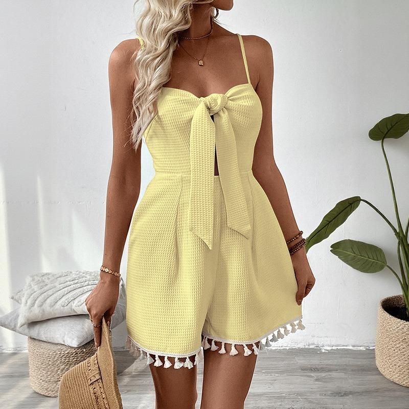 Women's New Sweet Simple Bow Halter Solid Colour Backless Jumpsuit