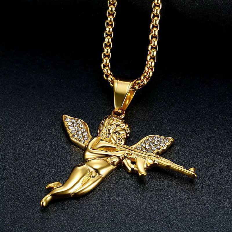 Revenge Angel Necklace Pendant: Hip-Hop Alloy Machine Gun Design for Men and Women