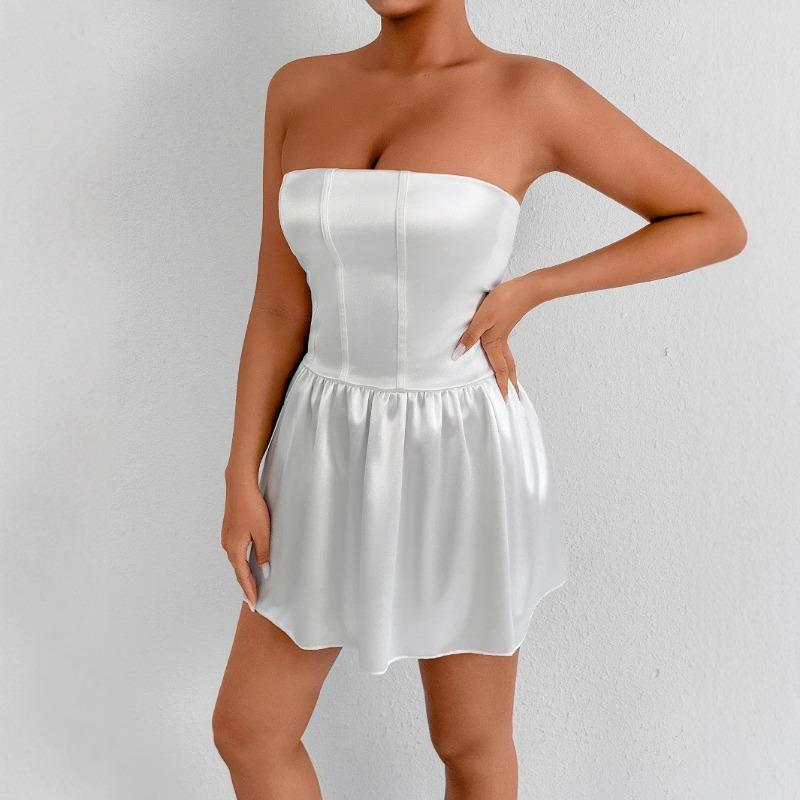 summer fashion elegant solid color waist mini tube dress women sleeveless off the shoulder slim vestidos robe