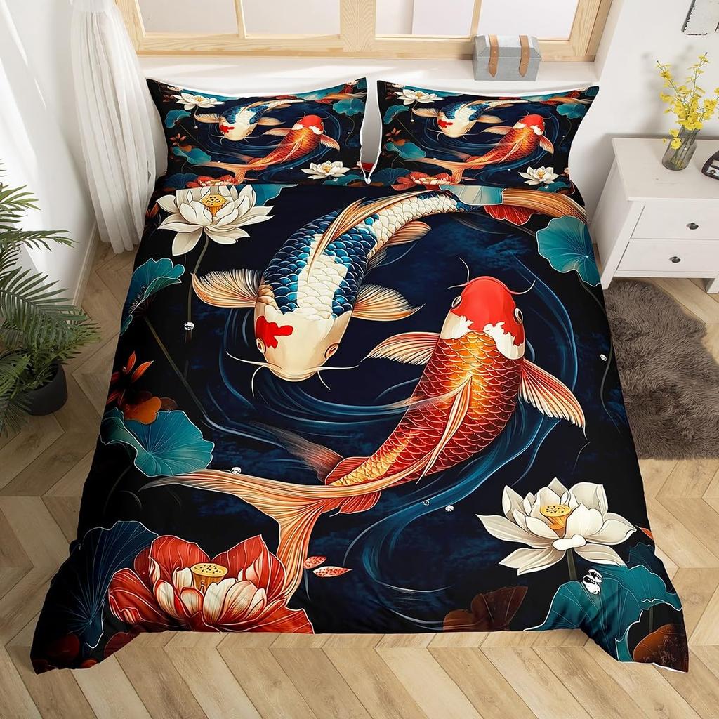 Comforter Koi Fish Full Queen Japanese Cherry Blossom Tree Bedding Set Marine Sealife Comforter For Kids Teen Room Decor