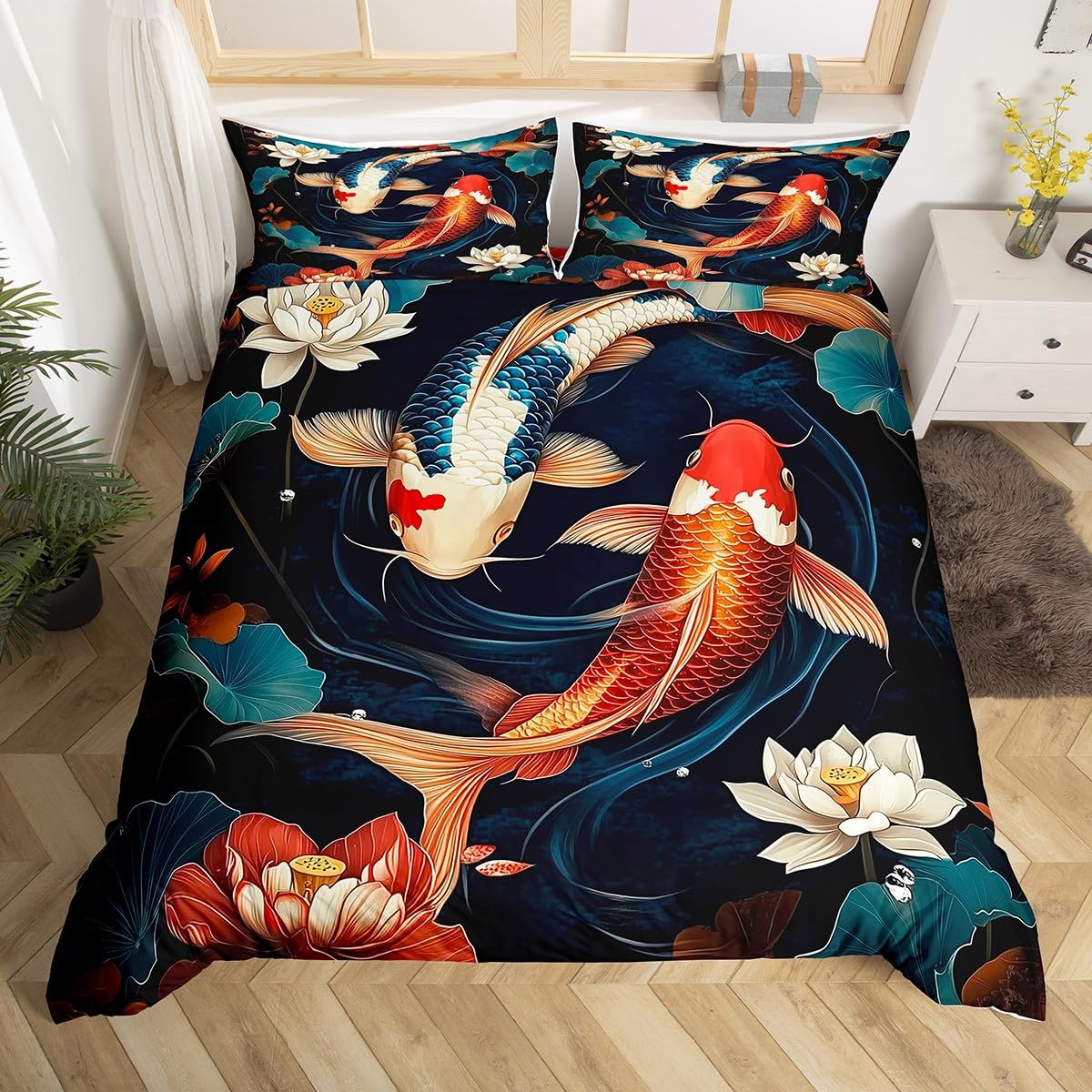 

Koi Fish Soft Duvet Cover Ful Quen Japanese Chery Blosom Tre Beding Set Marine Sealife Warm Comforter Cover for Children Kids Ten Rom Decor 100*200cm Single