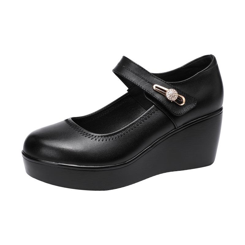 Spring Leather Shoes Women Platform Wedges Shoe High Heels Round Toe Comfortable Black Women Pumps Large Size Sde
