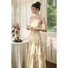 Begonia High-End Französisches Langes Kleid, Gelbes Blumen-Trägerkleid Sommer