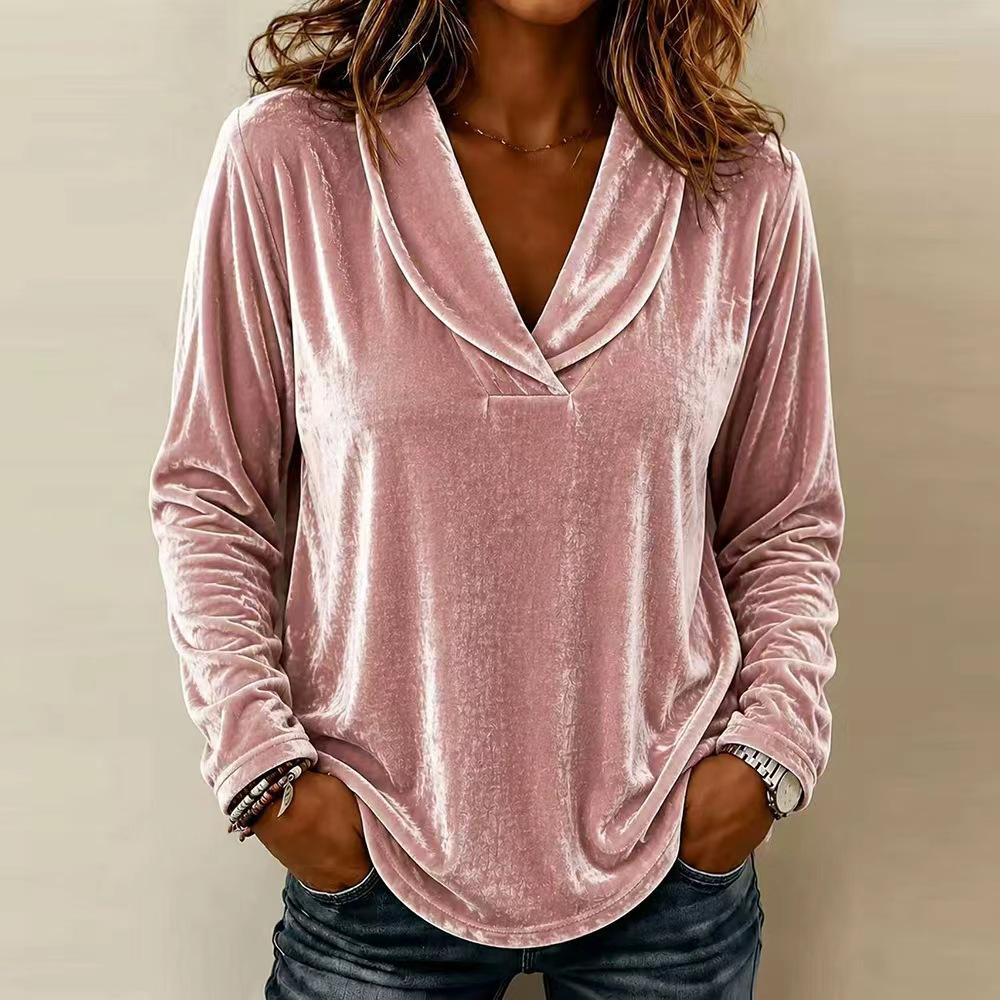 Women Velvet Long Sleeve Top V Neck Casual Loose Fit Blouse Solid Color Autumn Winter Pullover