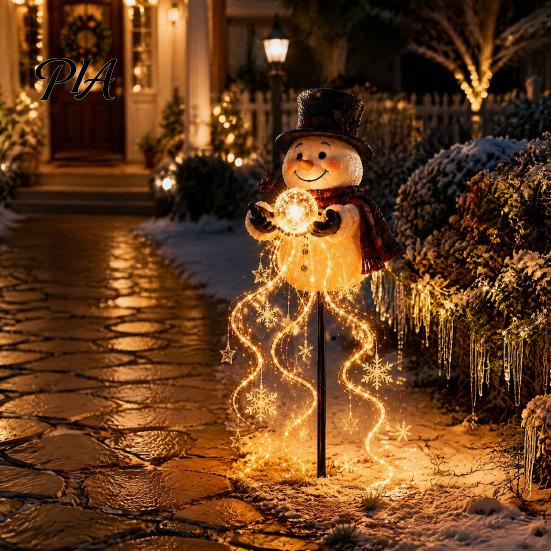 Festive Atmosphere Decoration for Lawn Solar Snowman Garden Light with Flowing Snowflakes, LED Christmas Waterfall Seasonal Outdoor Lighting Walkways