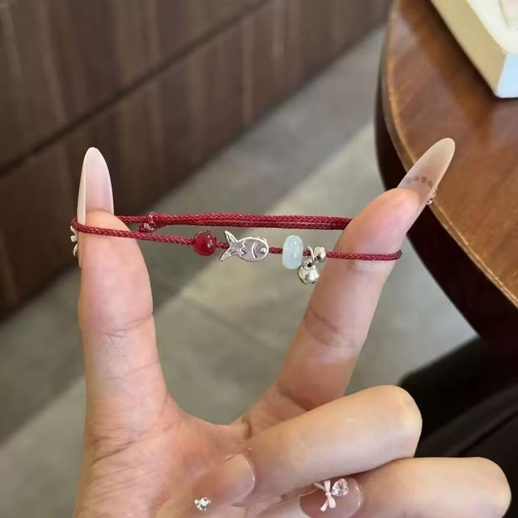 Pack of 2 Fish Charm Braided Bracelets Adjustable Red Black Cord Jewelry Wristband Accessory for Couples Friendship