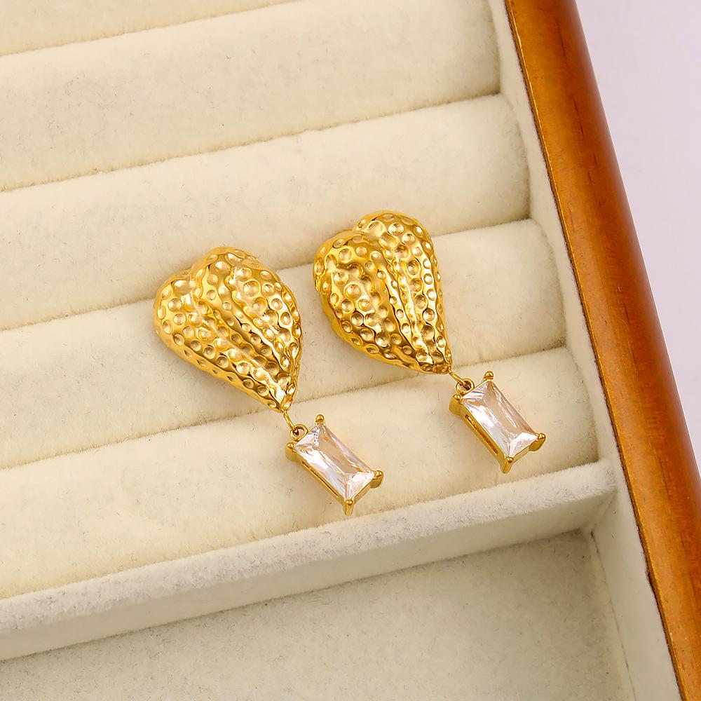 High-End 18K Gold-Plated Zirconia Heart Earrings - Korean & Japanese Style, Irregular Shape, Titanium Steel