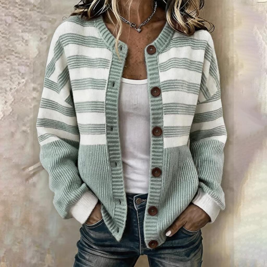 Women's Fashionable Striped Print Long Sleeve Knit Cardigan with Buttons