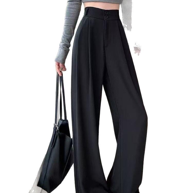 Summer High-Waisted Pleated Ice Silk Straight-Leg Tummy Control Pants - Women's Quick-Drying Fashion Suit Pants