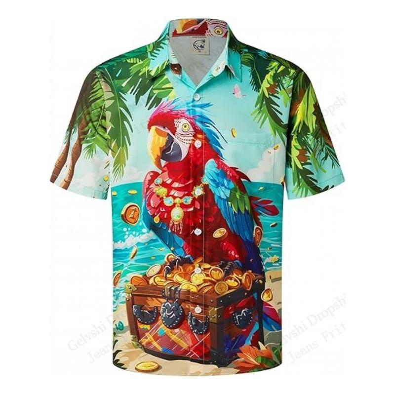 Camisa Hawaiana de Verano para Hombre Moda Loro Mar 3D Estampado Camisa Manga Corta Casual Camisas de Playa Blusa de Vacaciones Aloha