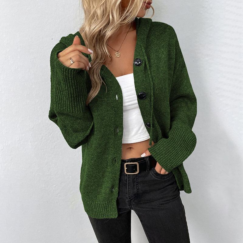 Autumn and Winter Women's Drawstring Knit Cardigan Jacket Solid Colour Hooded Single-breasted Sweater