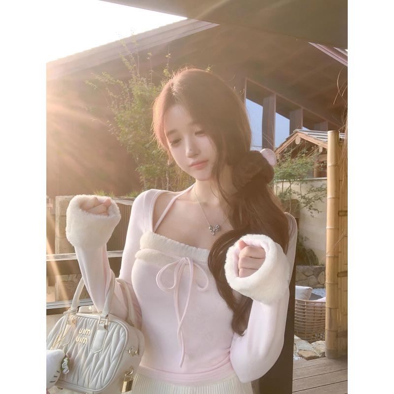 

Sweet Style Polar Fleece Slim Fit Fur Patchwork Square Neck Halter Long Sleeve Women s Top M