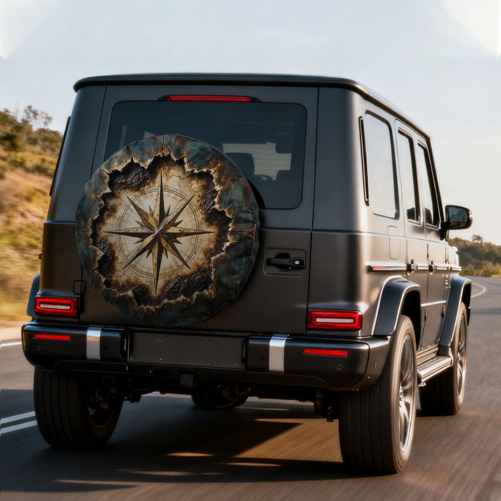 Vintage Weathered Compass Pattern Tire Cover, Polyester Fiber Material, Irregular Ripped Texture Design, Suitable for Outdoor Vehicles, Camping RVs, S