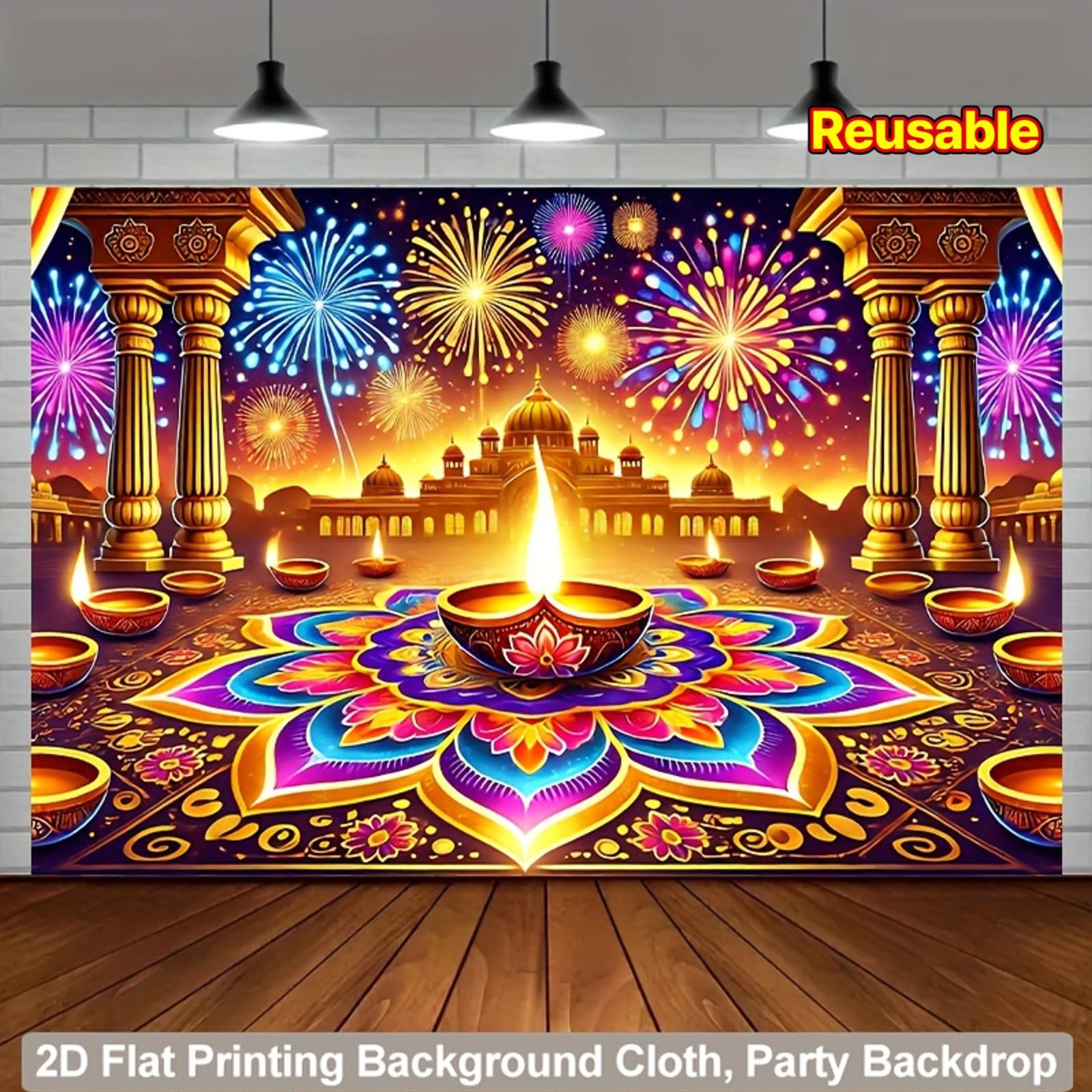 

Diwali tapestry Indian celebration backdrop flowers oil lamps Rangoli design party decoration spiritual yoga room 74x94cm(29x37in)