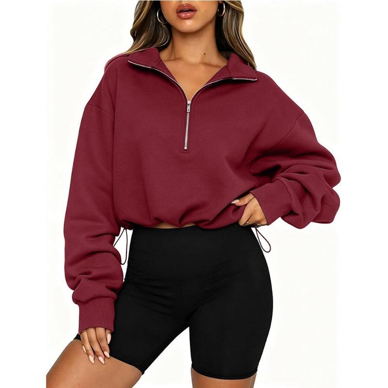 Women S Half Zip Long Sleeve Cropped Sweatshirt With Drawstring Y2k Style
