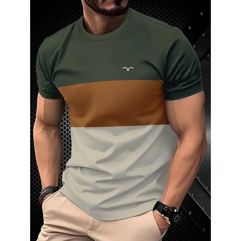 Summer Men's Short Sleeve T-Shirt, Breathable Round Neck Striped Print Outdoor T-Shirt, Men's Gift