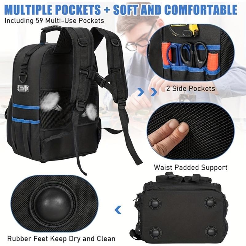 Heavy Duty Tool Backpack Wide Top Opening Multiple Exterior Pockets for Wrenches Screwdrivers Easy Access Organization