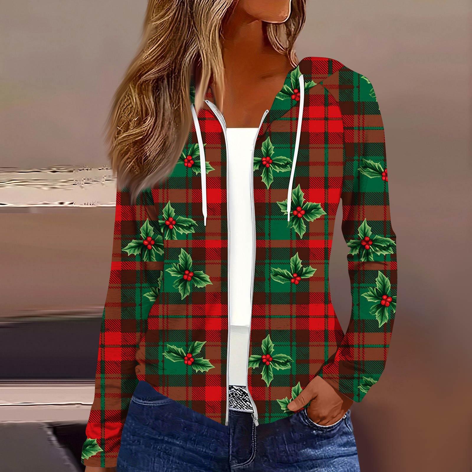 

Женская модная повседневная куртка с капюшоном на молнии с рождественским принтом и длинными рукавами L зелёный