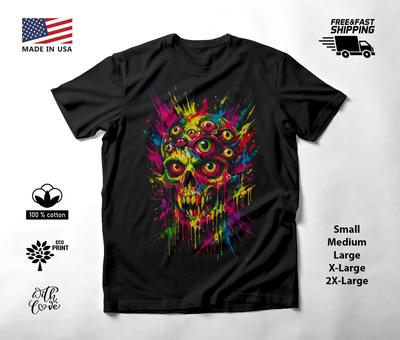 Neon Many Eyed Monster Skull T-Shirt Black Unisex S-2XL