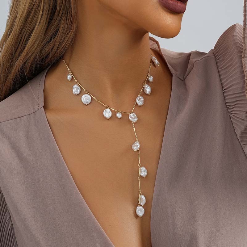 Vintage White Imitation Pearl Tassel Necklace For Women Punk Metal Irregular Long Chain Necklace Wedding Jewelry Gifts